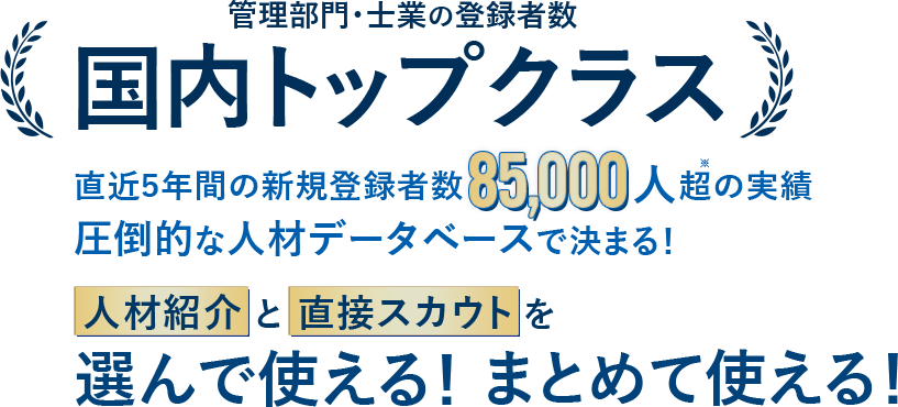 管理部門・士業の登録者数国内トップクラス!直近5年間の新規登録者数85,000人超の実績!圧倒的な人材データベースの人材紹介と直接スカウトを選んで使える!まとめて使える!<